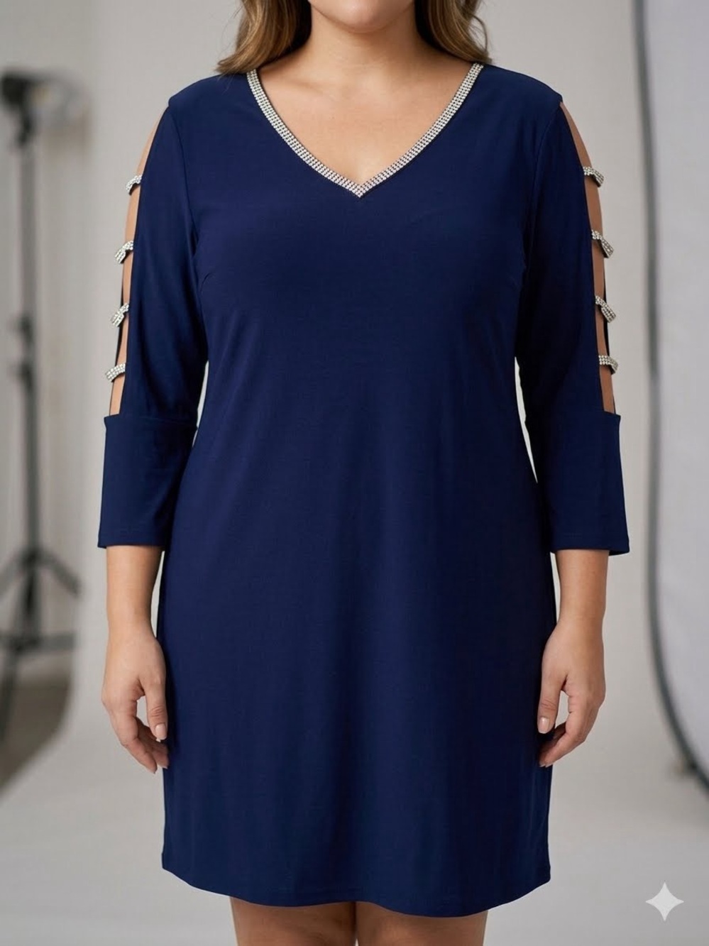 JBS MSK Navy Blue Rhinestone V-Neck Cold Shoulder Wedding Guest Dress 1X